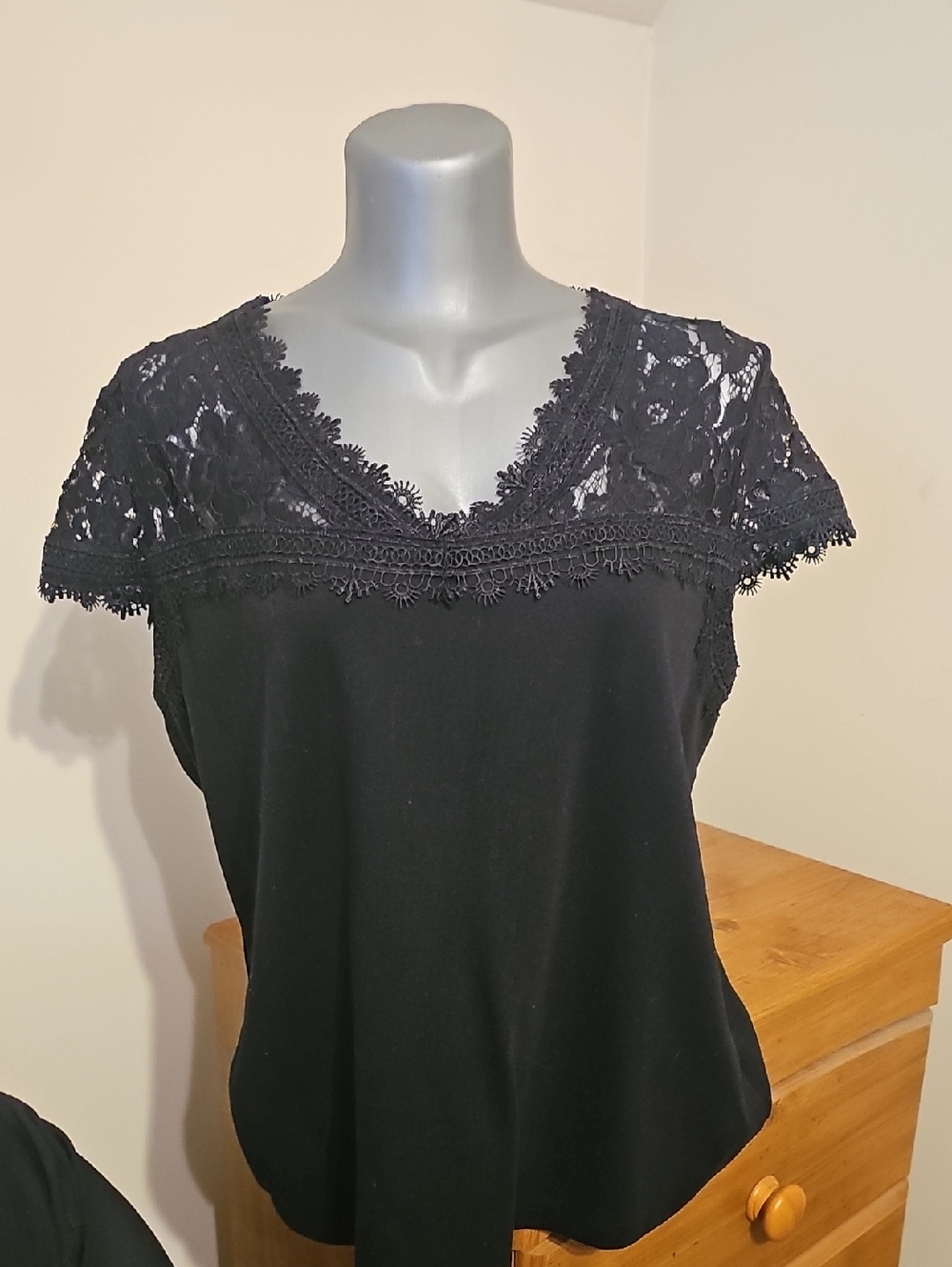 Black Lace Trim V-Neck Women's Top